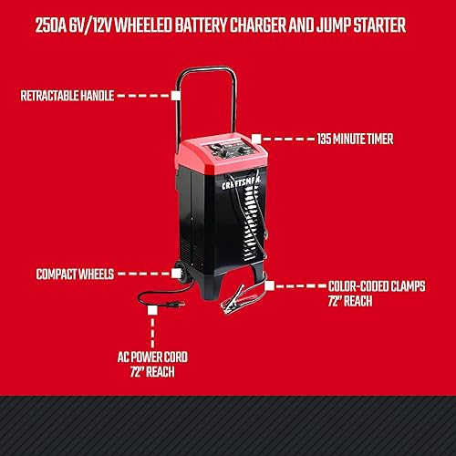 Miniatura 7 de CRAFTSMAN Cargador de batería manual de coche de 10 A con ruedas y arrancador de motor de 250 A, solución 2 en 1, impulso de 50 A, para baterías