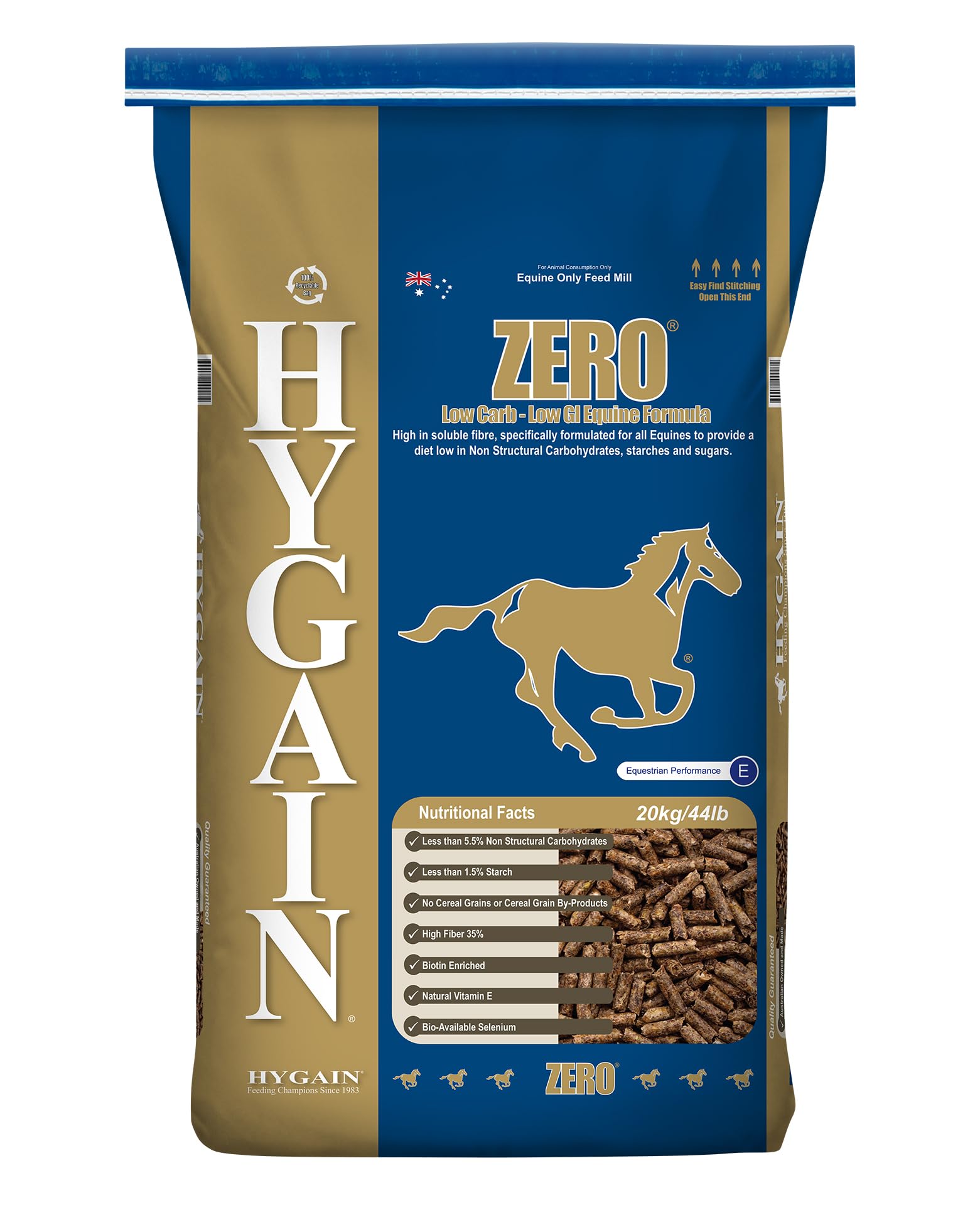Hygain Zero - Ultra-Low Starch, Low Sugar, Low NSC, Cereal Grain Free, Fully Fortified Horse Feed - 44LB