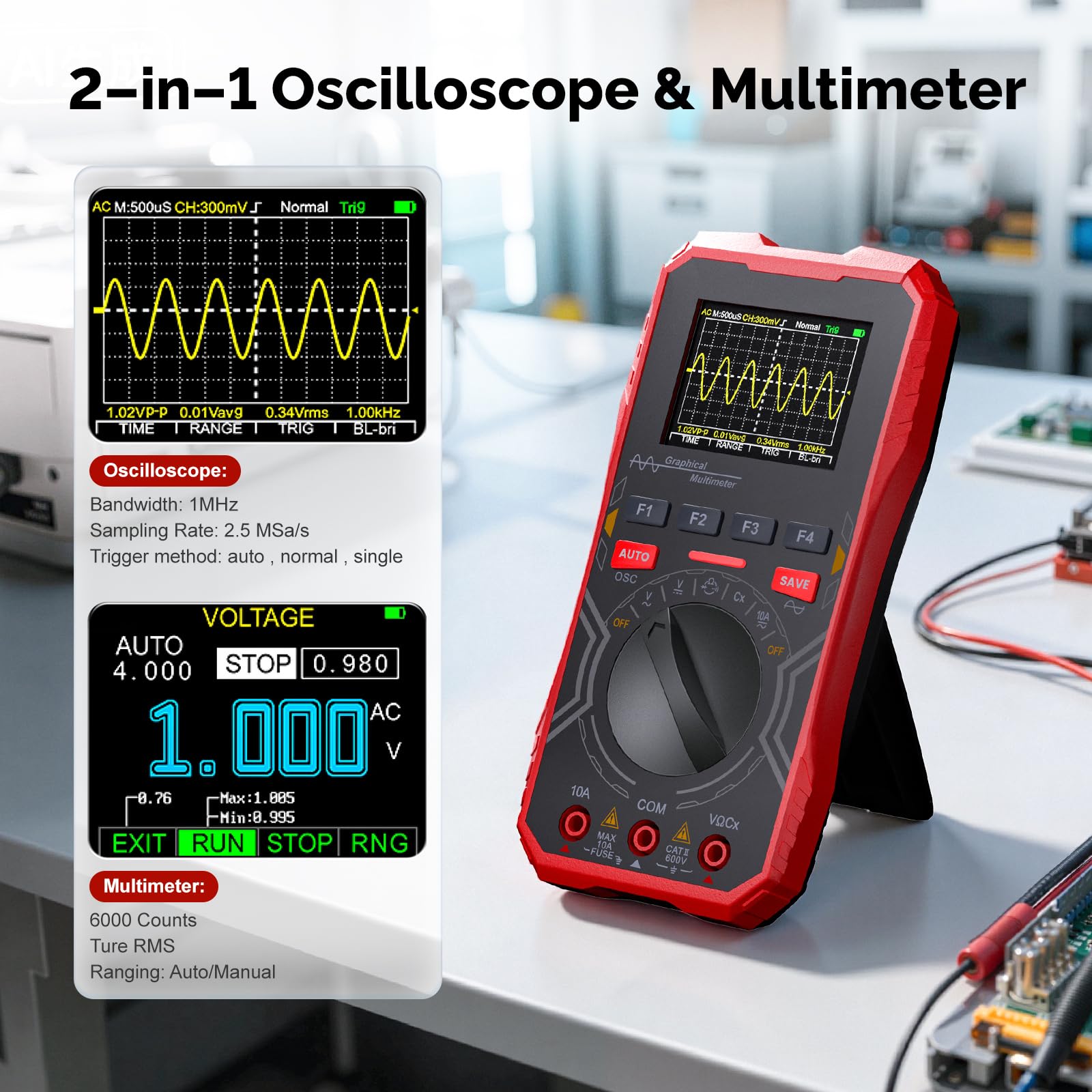 2-in-1 Handoszilloskop Multimeter mit 1MHz Bandbreite, Tragbares Digitales Oszilloskop und Auto-Bereich Multimeter Kombi, 2,4" LCD Display für Elektronik DIY, Lernen & Reparatur
