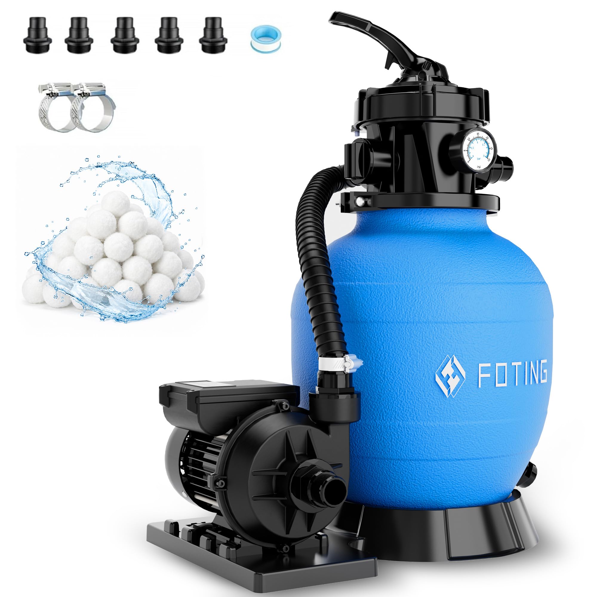 FOTING Système de Filtre à Sable pour Piscine 9 000 L/h (9 m³/h) INCL. 200 g de Billes Filtrantes, Filtre de Piscine avec Vanne 7 Voies, Adaptateur 2-en-1 Ø32–38 mm