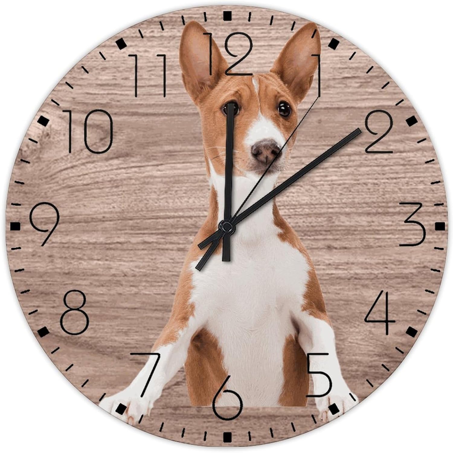 15 Inch Silent Non-Ticking Wall Clocks Battery Operated Basenji Dog Wooden Wall Decor for Bathroom Cartoon Cute Animal Puppy Country Round Wooden Wall Clock Rustic for Dining Room New Home