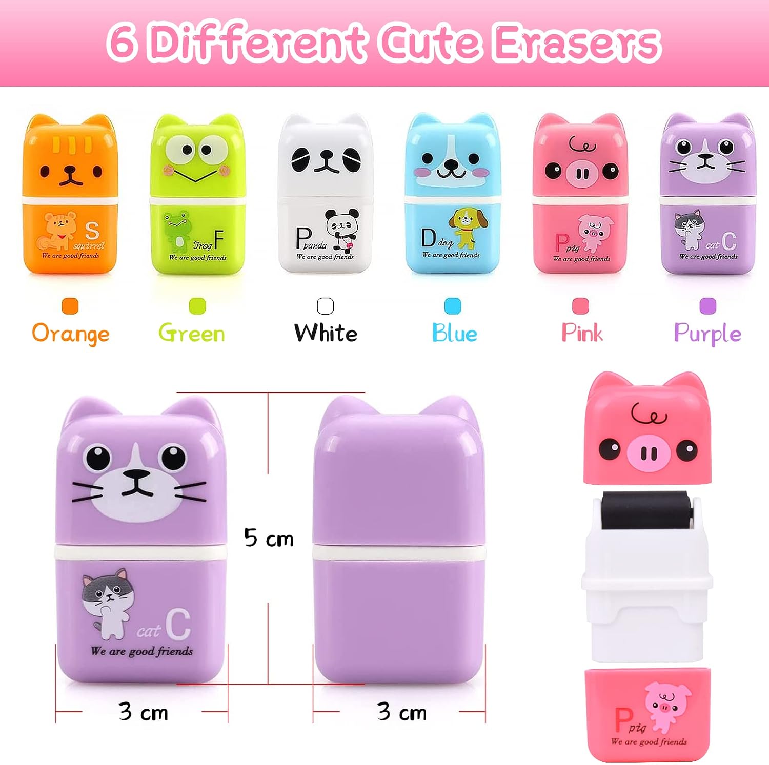 SAYEEC Cute Pencil Erasers, 6 Pack Cartoon Animal Themed Erasers with Cover and Roller, Removal Pencil Eraser Shaving Roller Case Eraser for School Office Stationery Supply Party Gift image 2