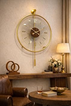 MetaQuartz Aksesuar Masif - Luxry Şefaf (TAMPERLİ KIRILMAZ CAM) - (50 ÇAP)- Quartz Mekanizma - Metal Duvar Saati GOLD 50 x 75