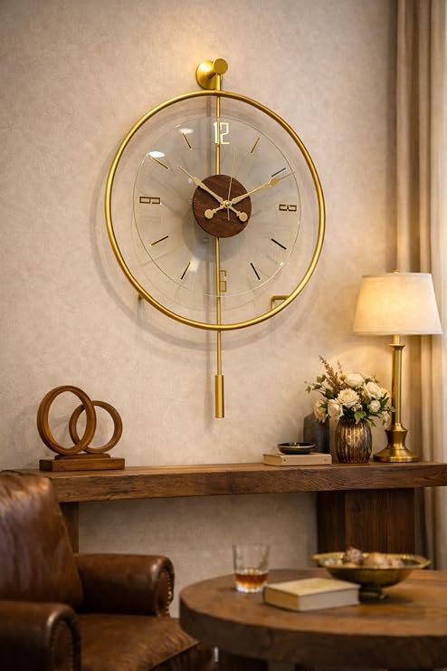MetaQuartz Aksesuar Masif - Luxry Şefaf (TAMPERLİ KIRILMAZ CAM) - (50 ÇAP)- Quartz Mekanizma - Metal Duvar Saati GOLD 50 x 75