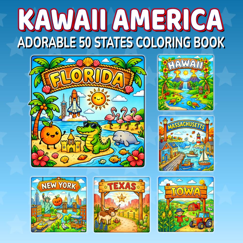 Kawaii America: Adorable 50 States Coloring Book Easy and Simple Designs for Relaxation