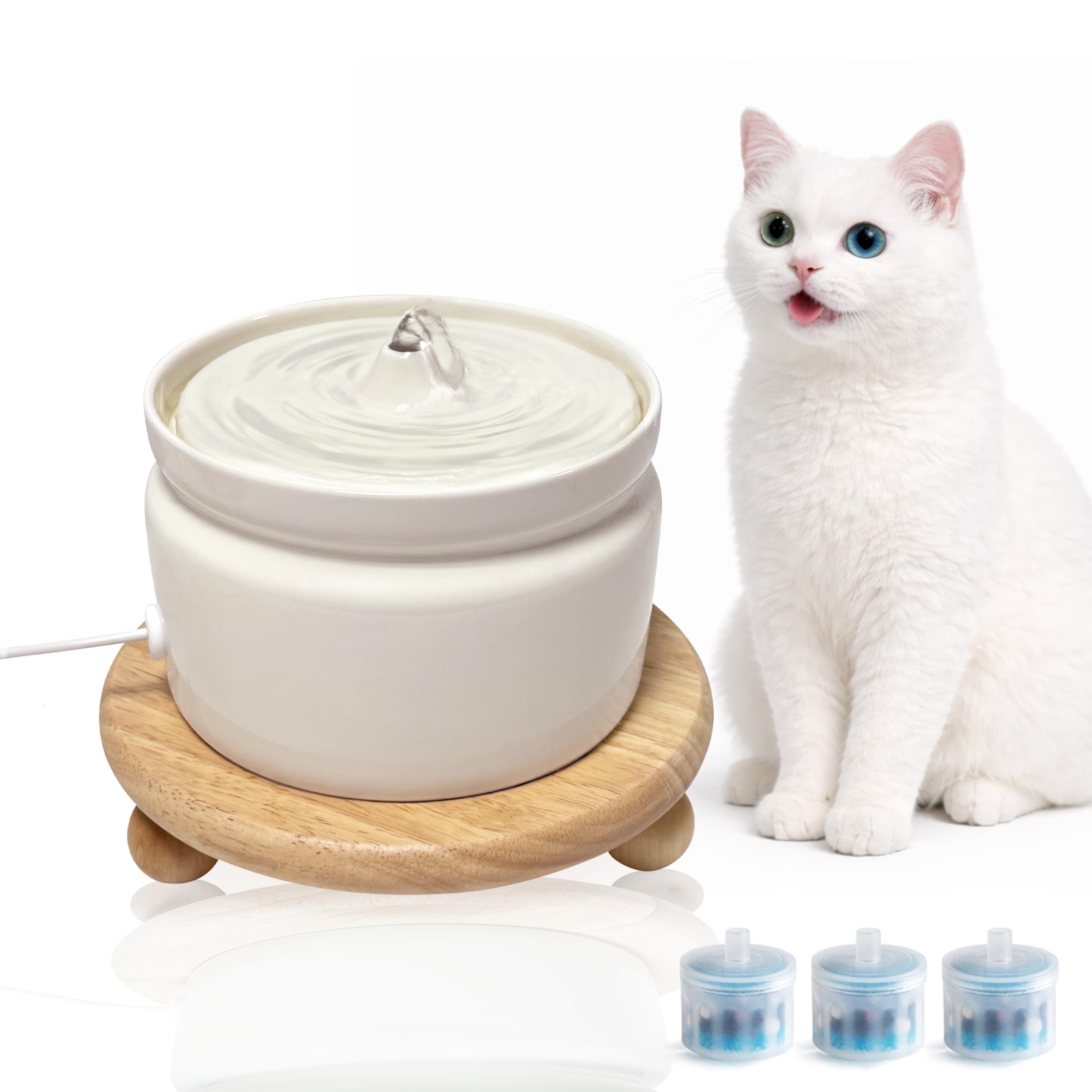 Fuente de agua de cerámica para gatos, fuente automática de 1 litro para mascotas con bomba silenciosa y triple filtración, cerámica duradera sin BPA, fácil de limpiar, apta para lavavajillas