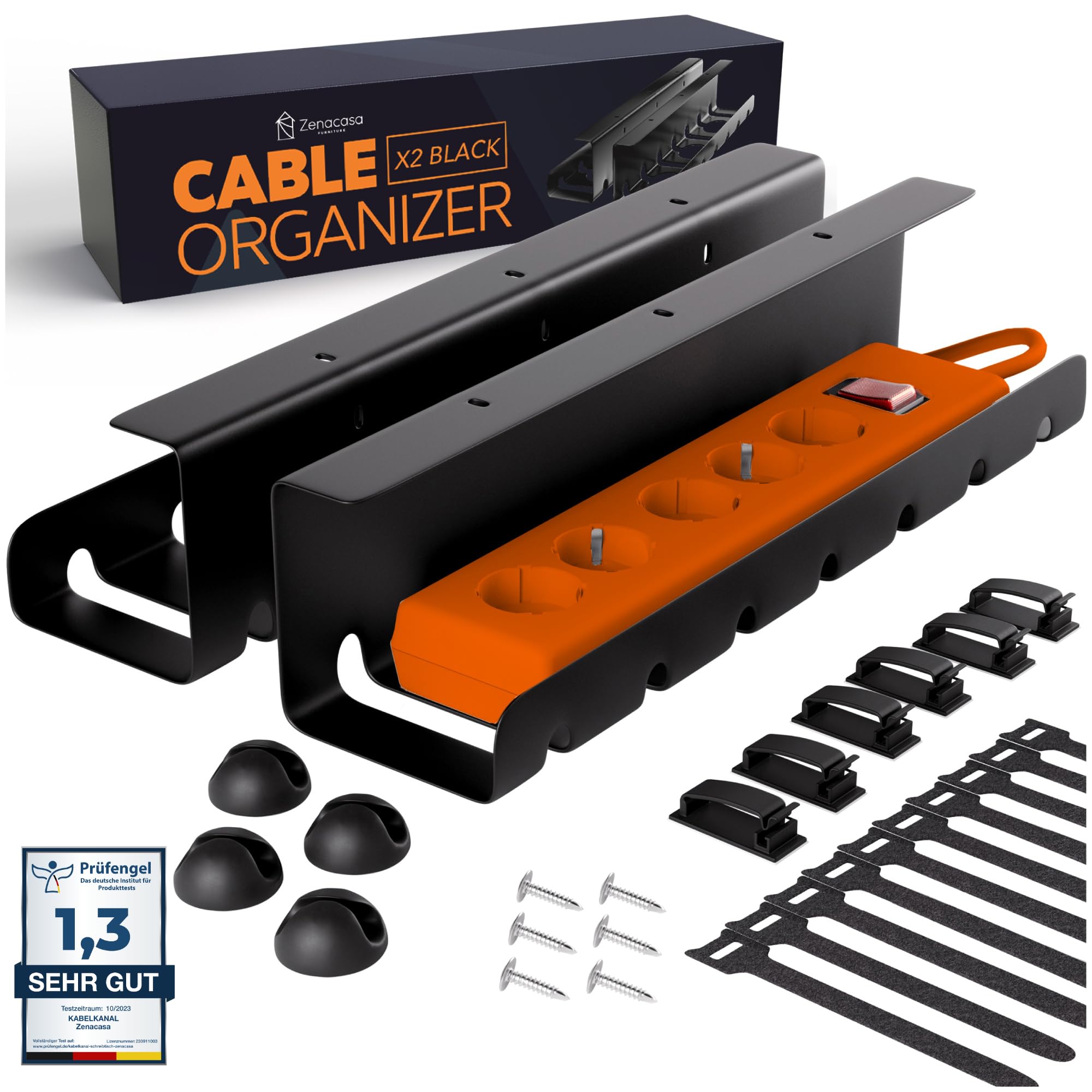 2er Set Kabelmanagement Schreibtisch Schwarz – Kabelkanal ohne Bohren zum Kabel verstecken – Mit Kabelwanne, Halter & Zubehör – Für saubere Kabelführung im Home Office, Büro & Gaming Setup