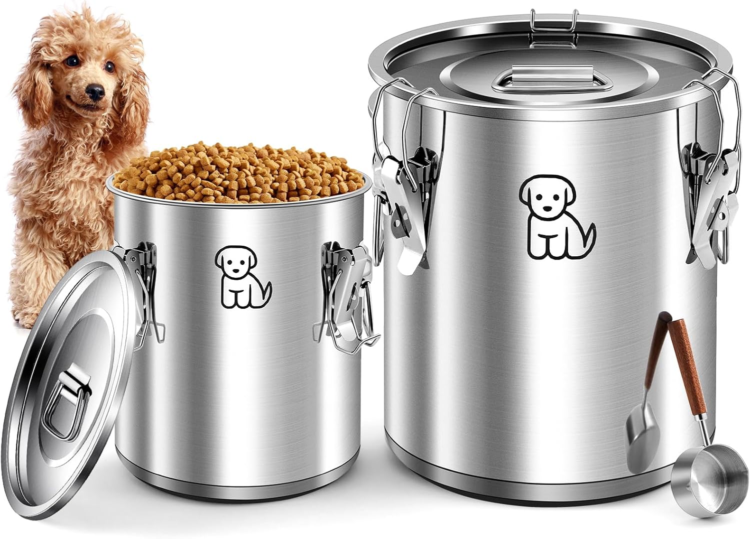 3 Pcs Stainless Steel Dog Food Storage Container Set 30 Lbs & 10 Lbs Combo Airtight Pet Dog Food Storage Containers with Lid and Matching Scoop Metal Dog Treat Jar for Dog Food, Cat Food