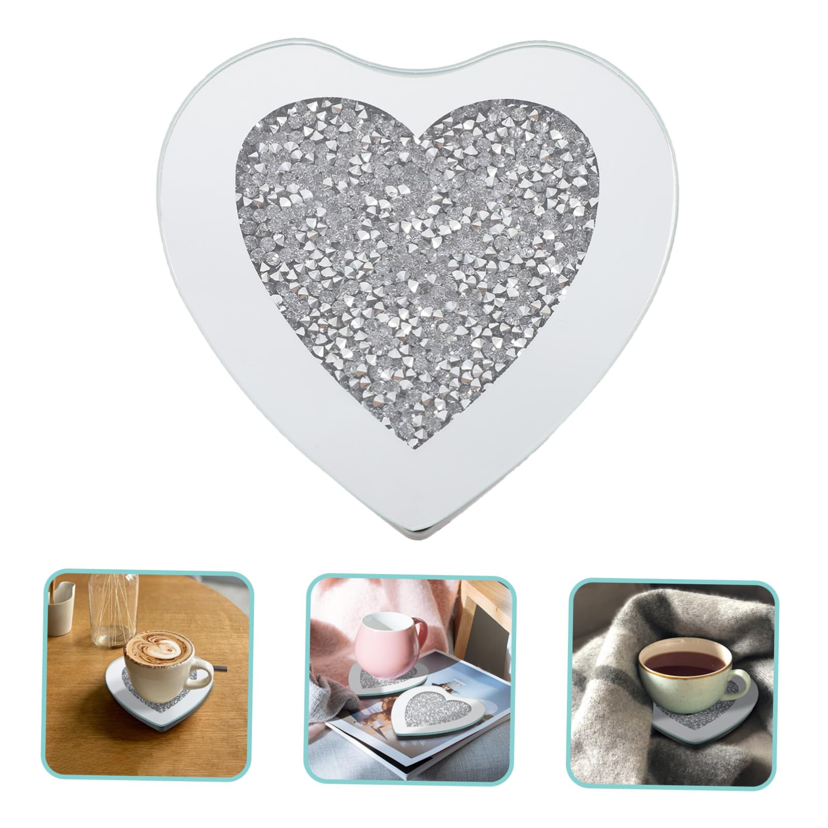Posavasos de Vidrio en Forma de Corazón Plata 6 Piezas | Resistente al Calor, Grueso y Antiarañazos, para Casa y Bar, Acabado Elegante