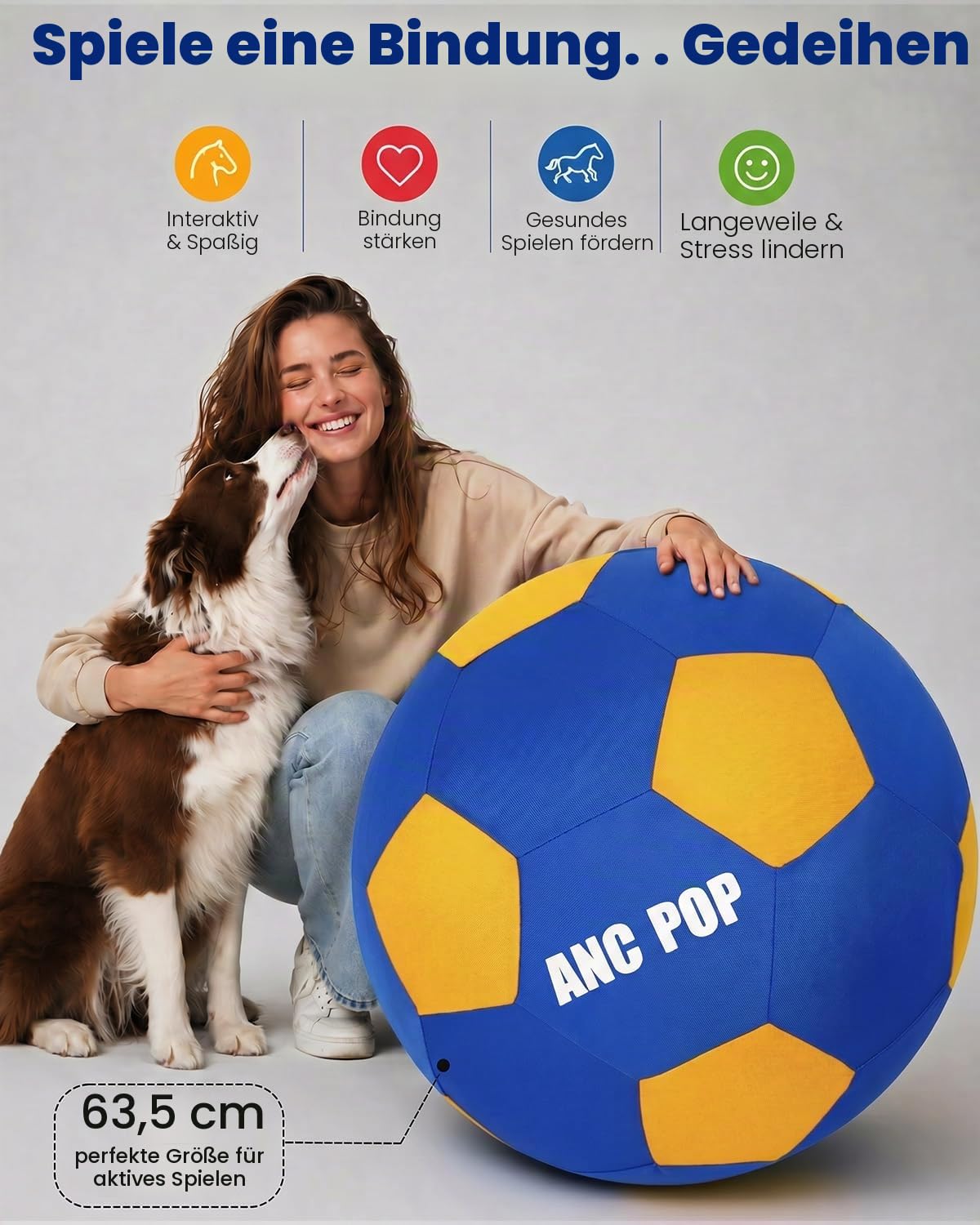 ANC POP Herding Ball für Hunde Pferdeball & Abdeckung 63,5 cm für Pferde groß mit Handpumpe zum Spielen, blau und gelb