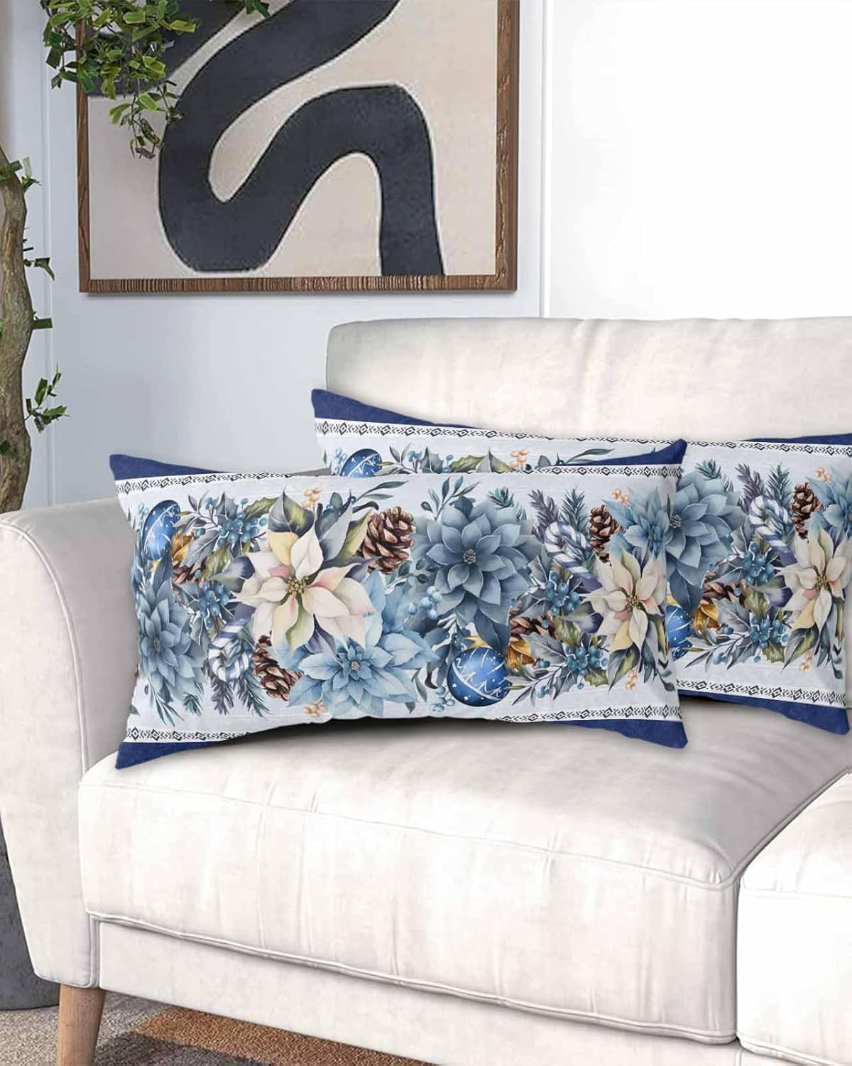 DecorLovee Blue Christmas Poinsettia Pillow Cases Standard Size Set of 2 - Microfiber Bed Throw Pillow Covers, Xmas Botanical Balls Snowflake Rustic Lumbar Pillow Cover with Envelope Closure 20"x26"