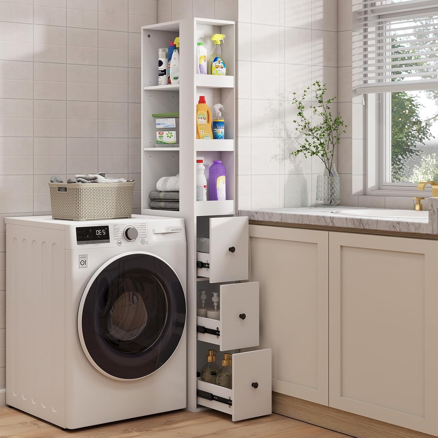ARTETHYS Storage Cabinet Tall Narrow Bathroom Organizer with Side Storage Rack and 3-Level Adjustable Shelves Slim Free Standing Space Saver for Living Room Kitchen, Classic White