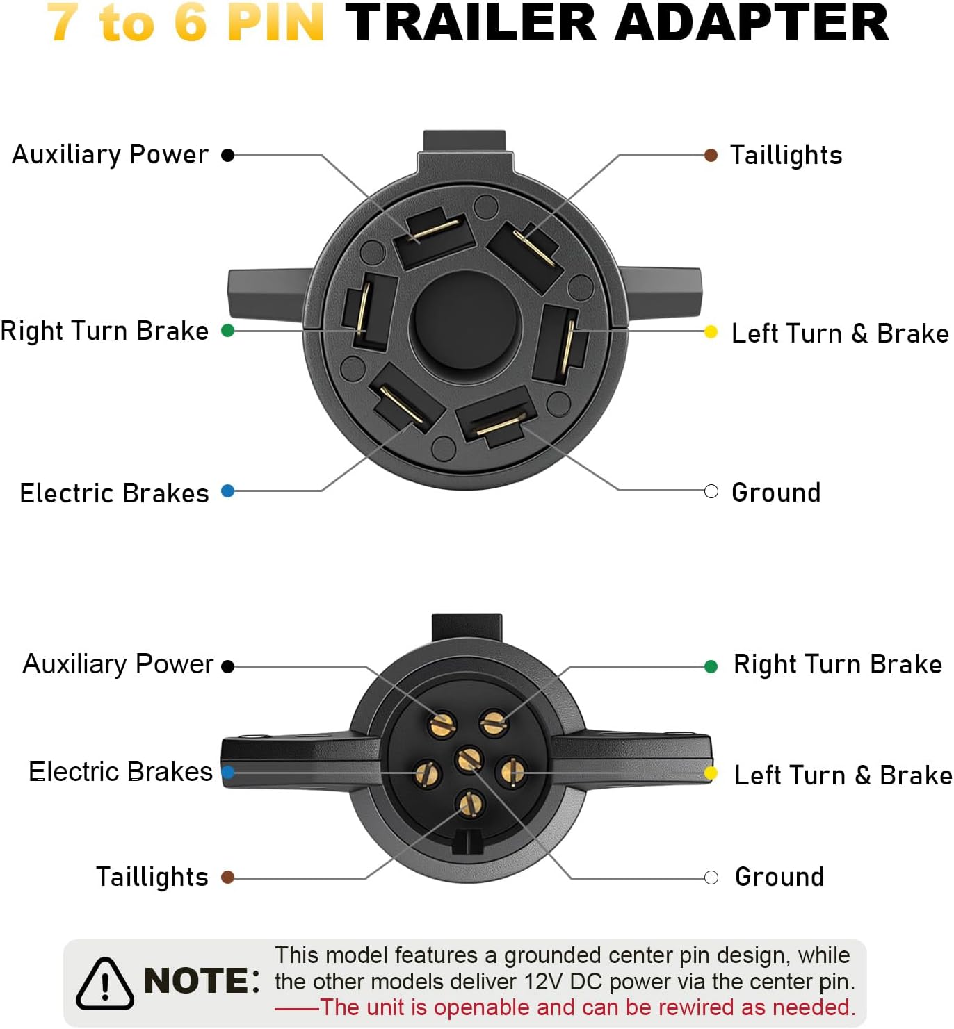 7 Blade to 6 Round Adapter - Rugged Nylon Housing, Copper Terminal. 7 Pin to 6 Pin Trailer Adapter & 6 Pin to 7 Pin Trailer Adapter. Compact Design for Pickup, Truck, Trailer