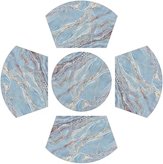 Wedge Placemats Set of 5 Blue Texture Marble Heat Resistant 4 Wedge Place Mat and 1 Round Mat Wipeable Washable Plastic PVC Dinner Table Mats for Indoor Kitchen Party Dining Table