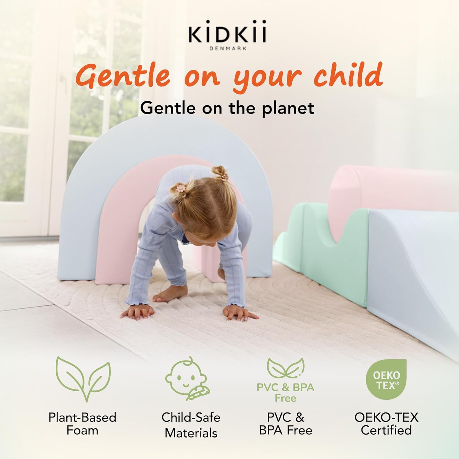 Kidkii Rainbow Play Set 7-Piece Foam Climbing & Motor Skill Play Kit, Indoor Activity Play System Set with Climbable Shapes for Toddlers, Pastel Mix