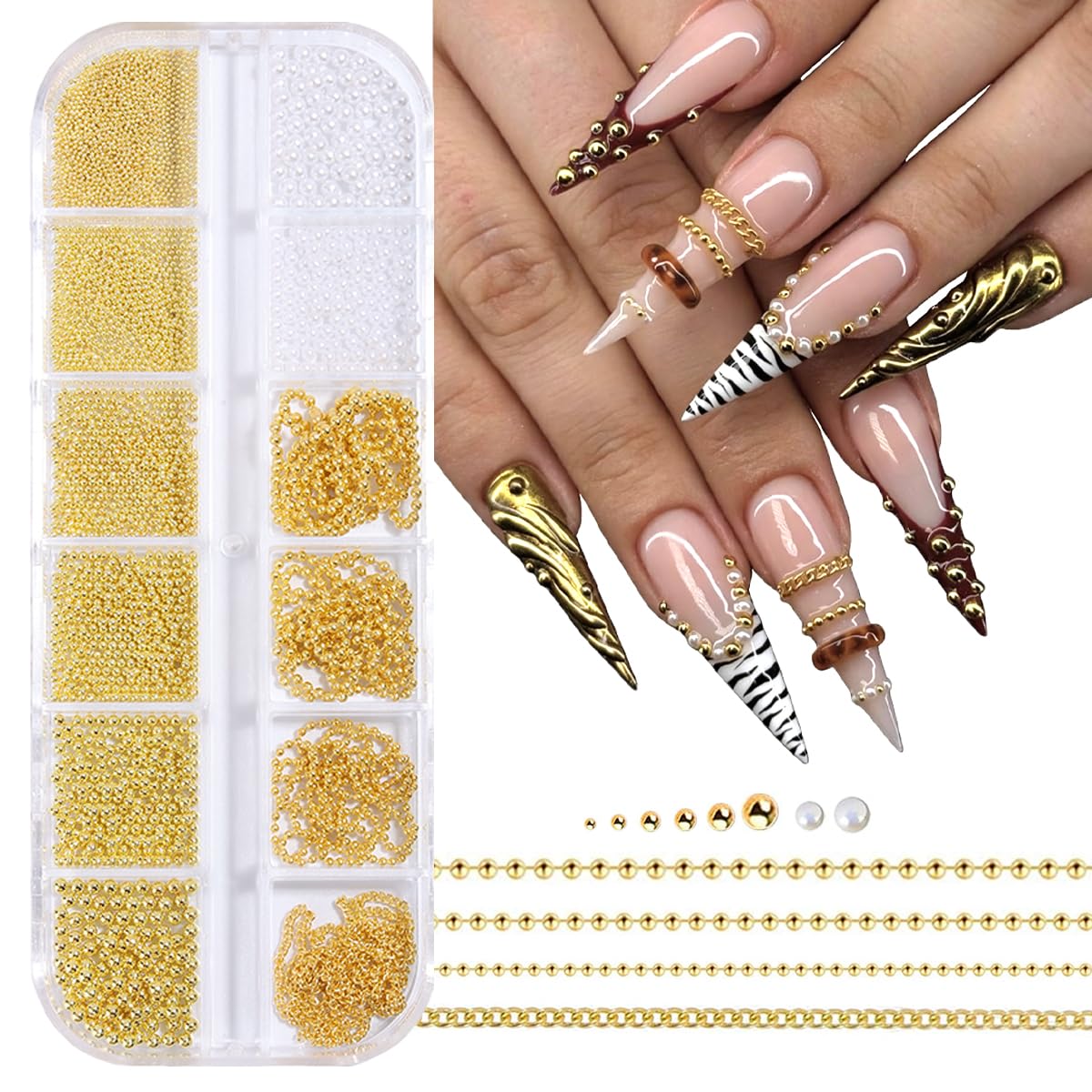 12 Strips Nail Chain Charms, Metal Bangle Nail Art Chains 3D Gold Silver French Diamond Pearl Caviar Bead Nails Art Charms Line Nail Studs Charm for Women Design Nails Manicure Accessories