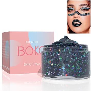 Boko 50ML Body Glitter Gel, Halloween Black Chunky Glitter Gel for Face Hair Body Makeup, Cosmetic Face Paint Sequins for Halloween Party SFX Makeup Rave Accessories - Witch Black