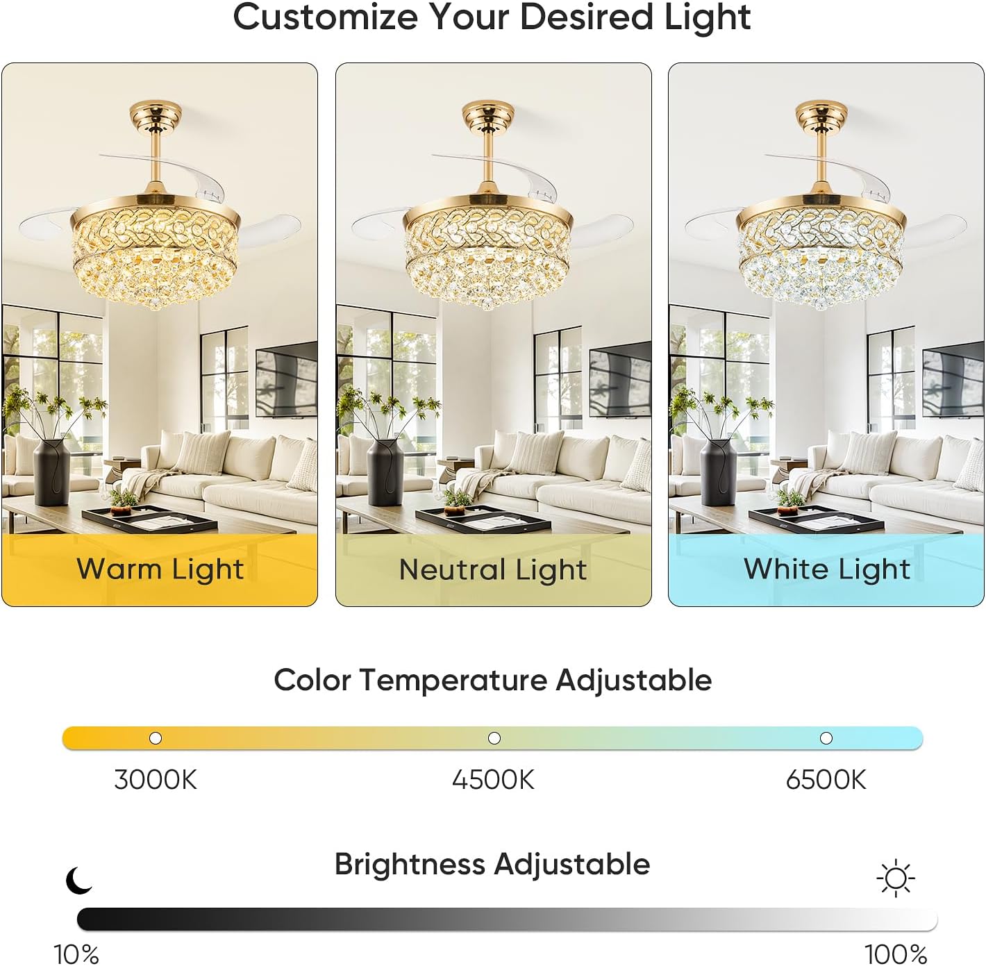 TXCSLY 48“ Crystal Fandelier Ceiling Fan with Light, Retractable Ceiling Fans Chandelier Fan with Retractable Blades Dimmable Crystal Ceiling Fan Chandelier Fans for Bedroom Living Room-Gold