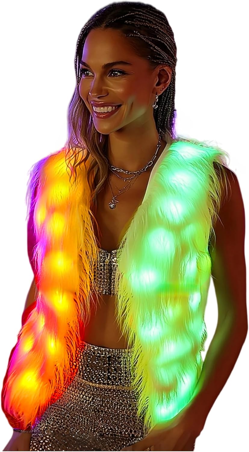 SHINYOU Men Women Light Up faux fur Coat Vest, Smart LED Light Up SYNC Vest,Glow Fluffy Sparking Costume