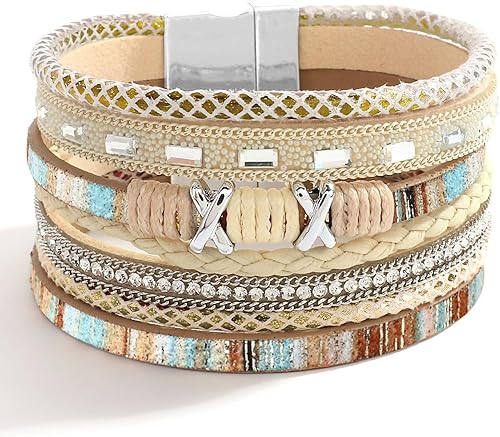 Fesciory - Pulsera de leopardo para mujer, estilo bohemio de cuero multicapa con perlas de cristal