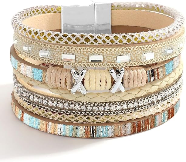Fesciory Leopard Bracelet for Women, Boho Leather Wrap Multi-Layer Pearl Crystal Bracelet Bangle Jewelry