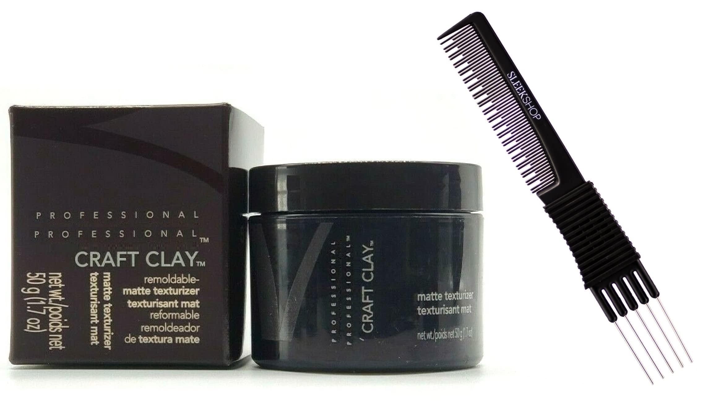 ShineFinity Comb + CRAFT CLAY Remoldable Matte Texturizer, Re-Mold Matt Hair 1.7 oz by SEB SEBMAN Seb Man (w/Sleekshop Teasing Comb)