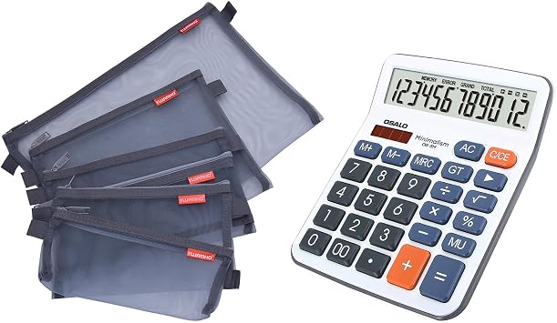 Desktop Calculator and Mesh Zipper Pouch Bundle, 5pcs Size Lightweight Nylon File Folders, 5In Clear LCD Display Auto Sleep Calculator