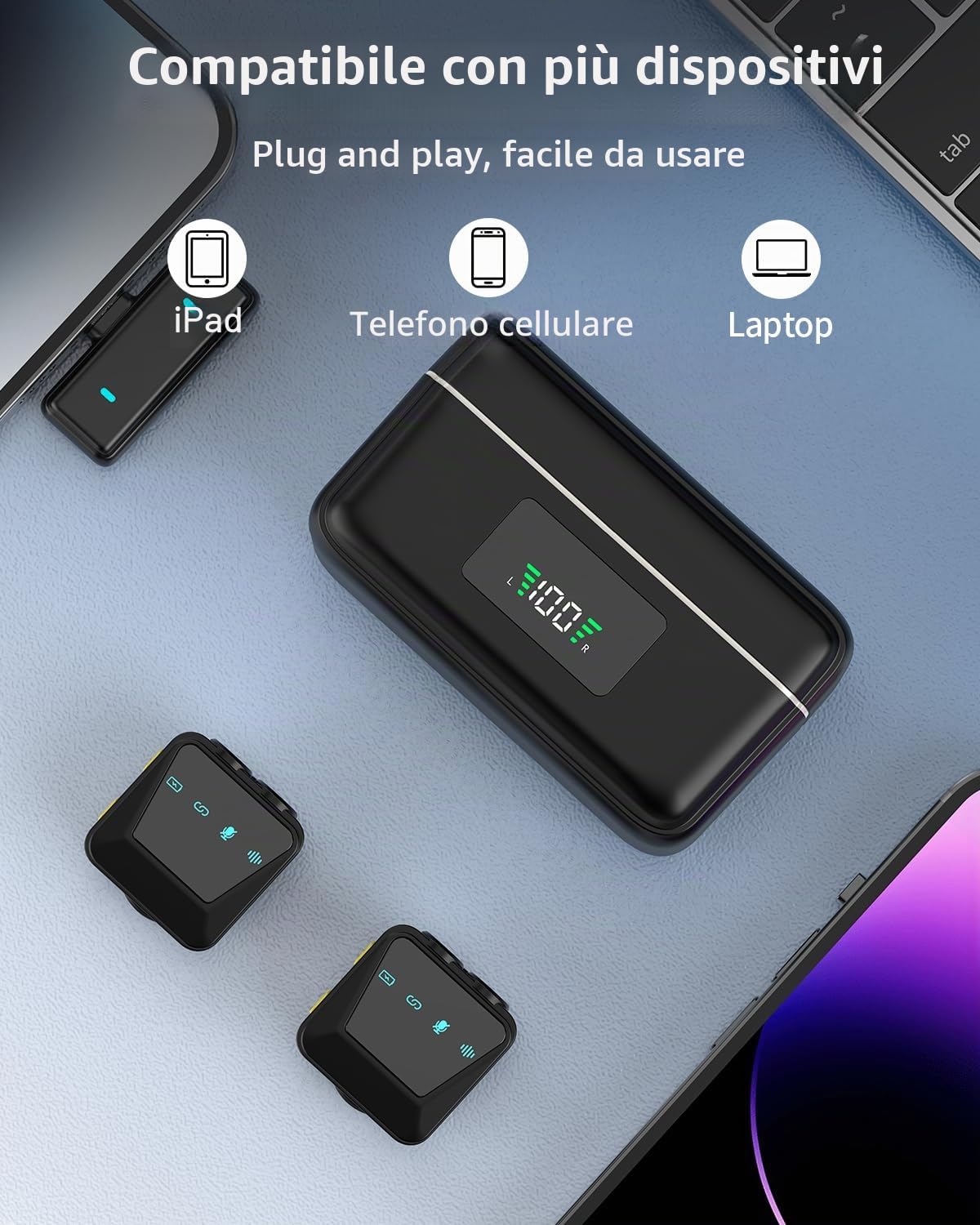 Microfono Lavalier wireless per iPhone/Android,microfono da bavero per registrazione, microfono a clip con cancellazione per registrazione video,Tiktok, Youtube, Vlogging,Trasmissioni dal Vivo