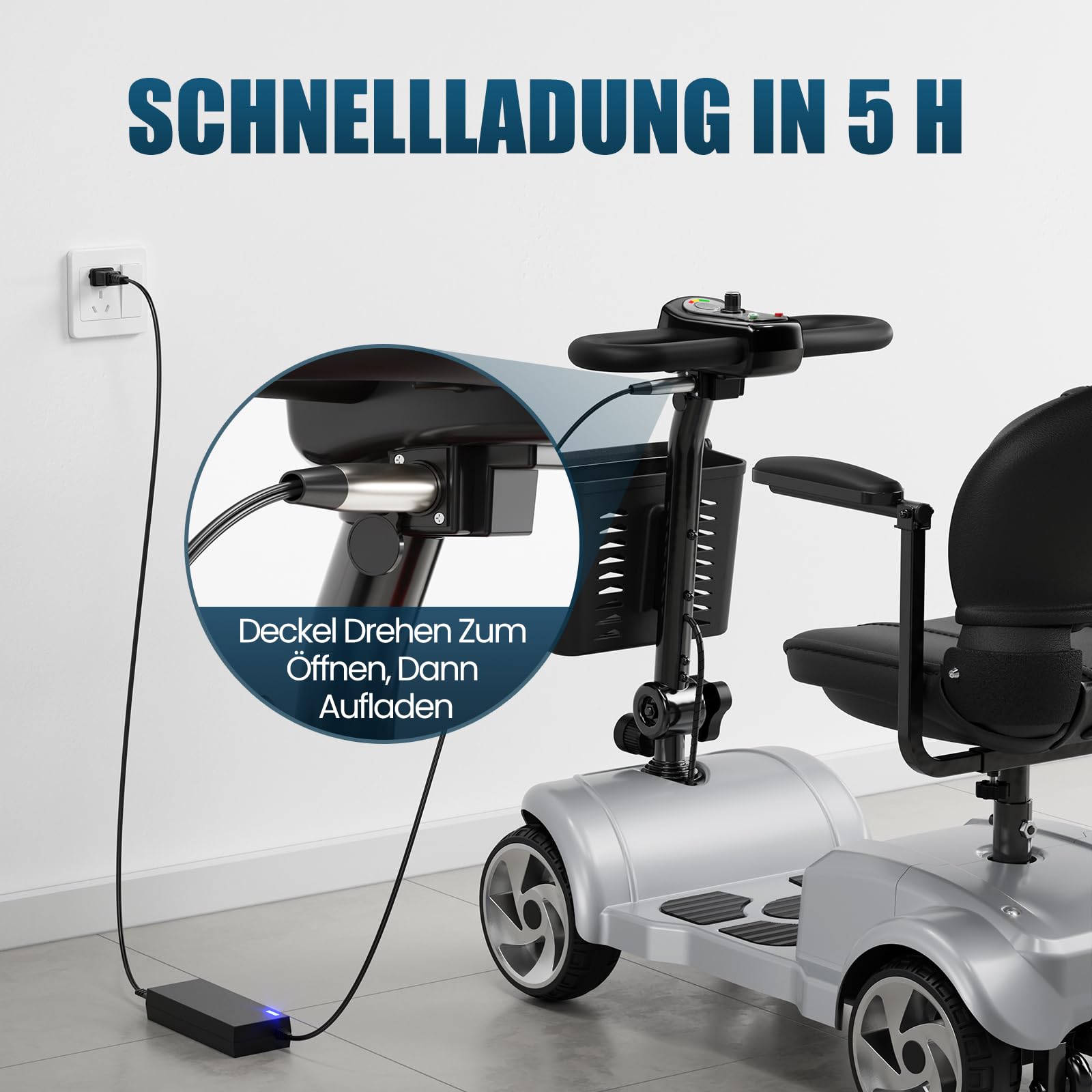 Seniorenmobil 4 Rad Klappbar Elektromobil für Senioren und Erwachsene 12AH Akku Elektrische Gehhilfe 20km Reichweite Faltbares Elektromobil mit Sitz und Korb bis 150kg für Privatgebrauch, Silber