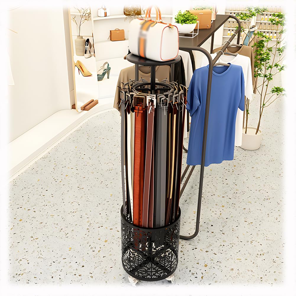 Floor Standing Belt Storage Rack with Wheels, 360° Rotation Metal Rack Hanger Organizer, Multi-Functional Handbag Tie Retail Shelves, Space Saving