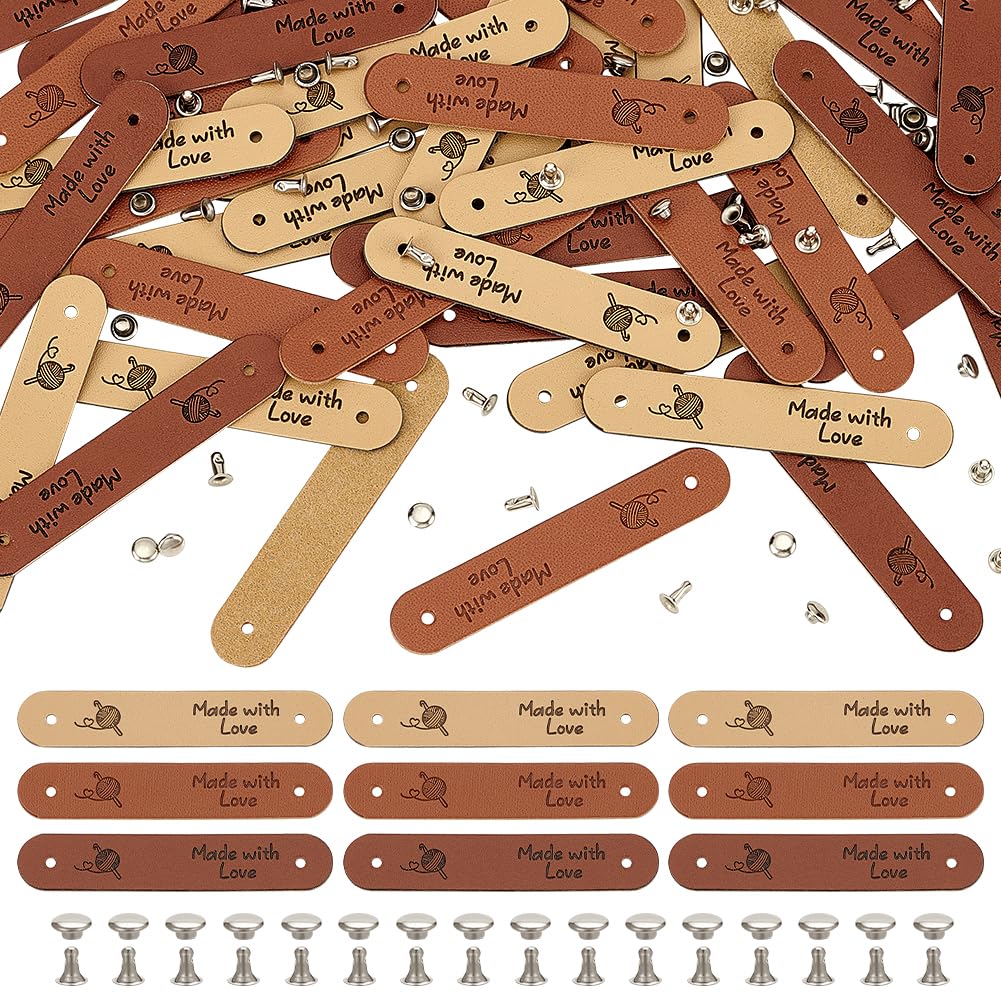 FINGERINSPIRE 48 Sets PU Leather Label 6.4x1.2cm Beige Chocolate Saddle Brown Oval Leather Crochet Labels Ball of Yarn Pattern Handmade Embossed Tag with Rivets for Clothing DIY Knitting Crafts