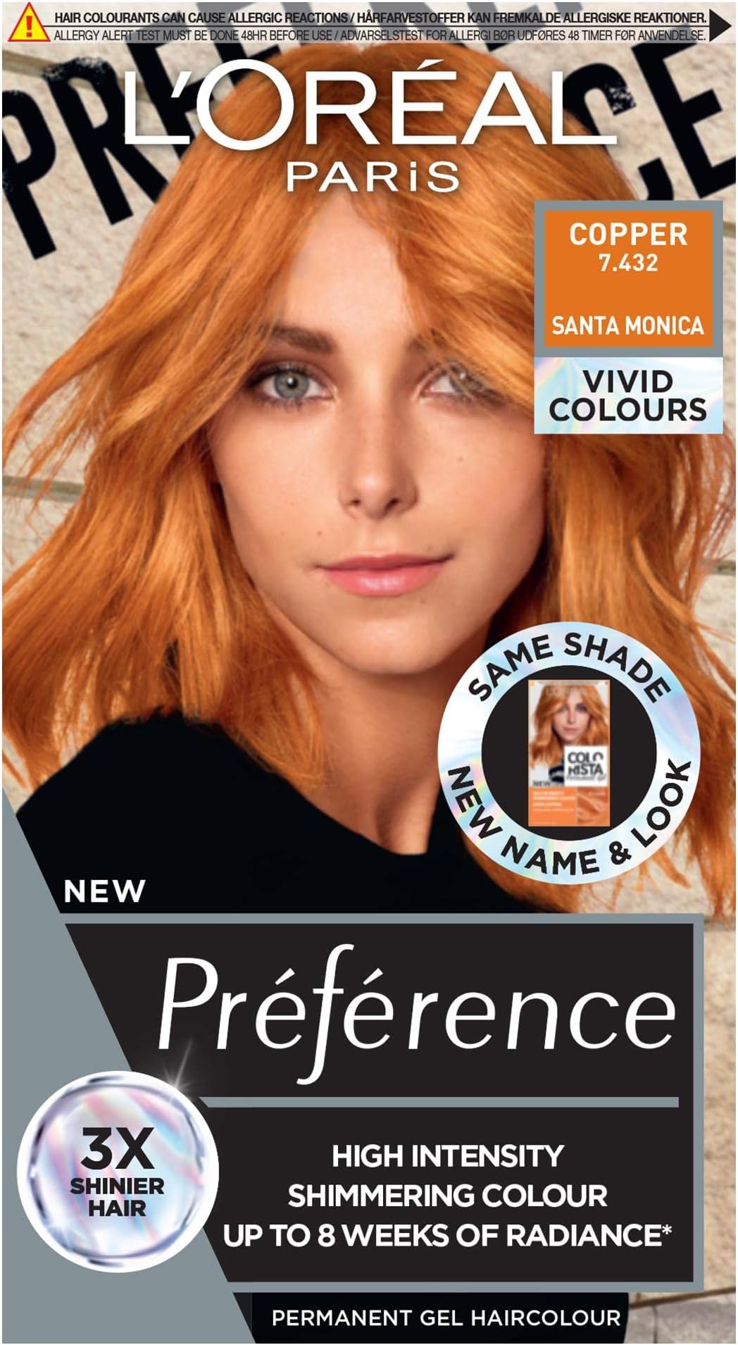 L'Oréal Paris Permanent Hair Colour, Long-Lasting Shine and Intense Colour, For up to 8 Weeks, Preference Vivids (Colorista), Copper 7.43, x1 pack