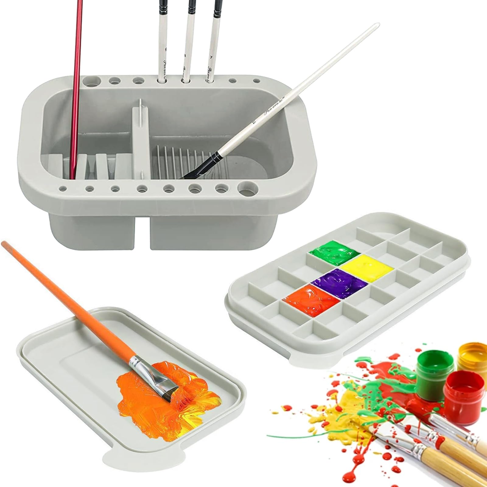Jenrisben 3 in 1 Oil Paint Brush Cleaner Pot with Watercolour Palette, Art Paintbrush Washer Basin and 16 Hole Paintbrush Holder, Multifunctional for Artist