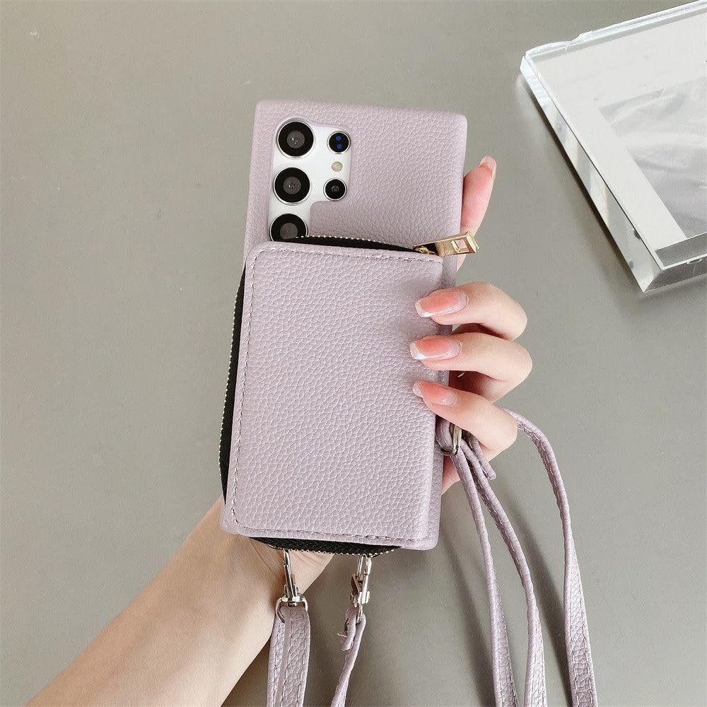 Housse en cuir portefeuille à fermeture éclair pour Samsung Galaxy S23 S22 S21 S20 FE Plus Note 20 Ultra A54 avec fente pour carte et lanière de téléphone, violet clair, pour Galaxy A52 (A52 5G)