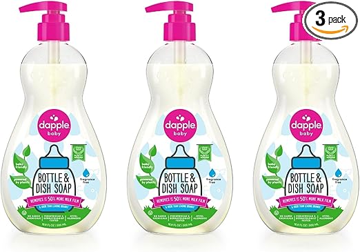 Dapple Baby Bottle Soap, Hypoallergenic Dish Soap for Baby Bottles, Powered by Plants, 1 Pump Included, Packaging May Vary, Fragrance Free, 16.9 Fl Oz (Pack of 3)