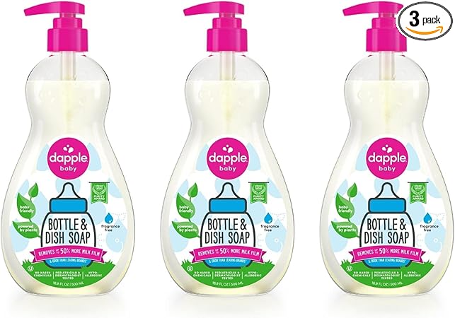 Dapple Baby Bottle Soap, Hypoallergenic Dish Soap for Baby Bottles, Powered by Plants, 1 Pump Included, Packaging May Vary, Fragrance Free, 16.9 Fl Oz (Pack of 3)