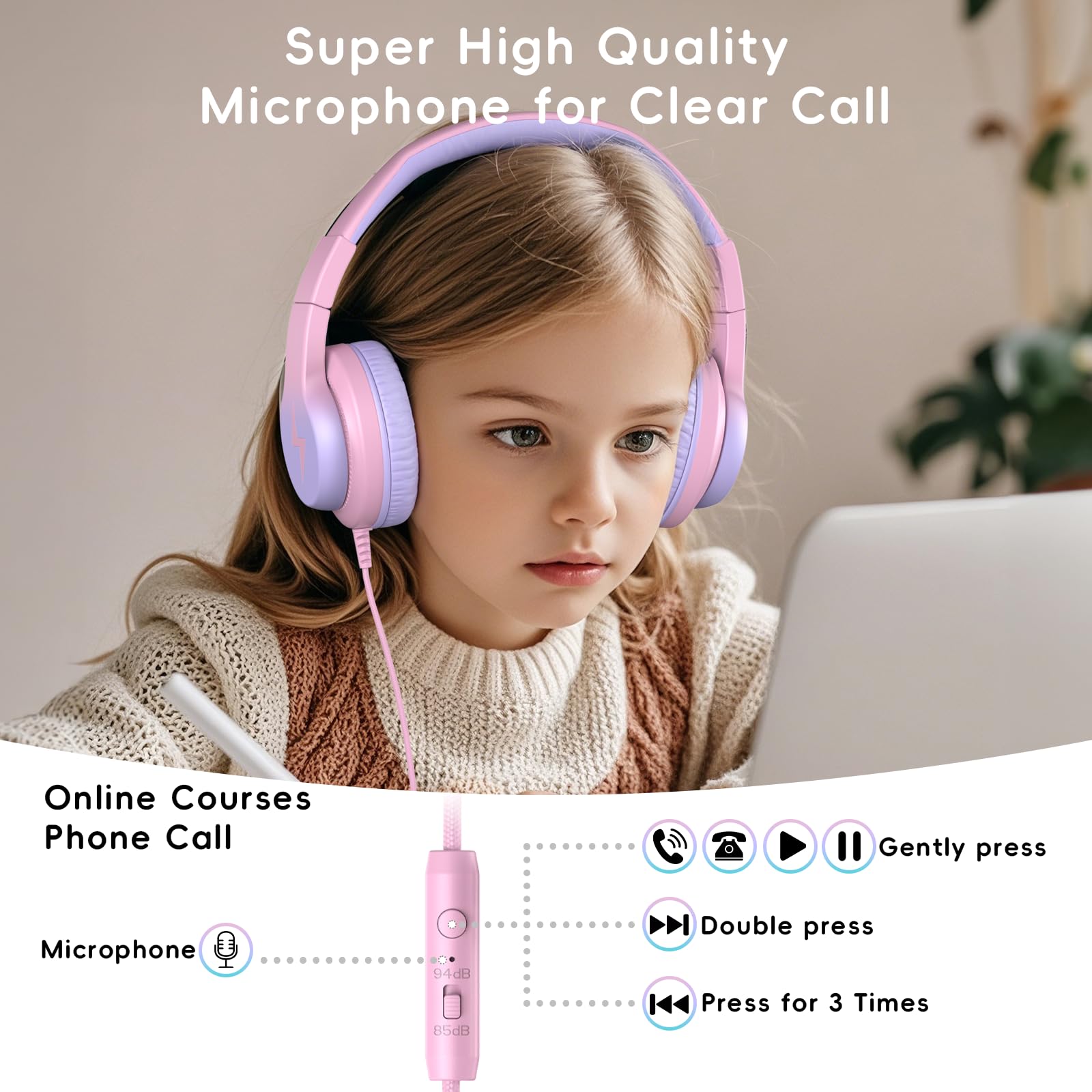 Candy Bila Cuffie cablate per bambini con microfono, limitatore di volume 85/94 dB, per ragazze e ragazzi, viola chiaro