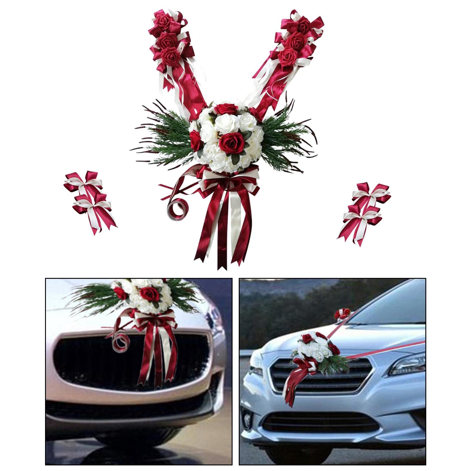 12 Stück Hochzeitsauto Dekorationsset Seidenblumenschmuck Polyesterbänder Satinblumenschleifen Schleifen Autoschmuck für Brautlimousinen Hochzeitflott, Burgund