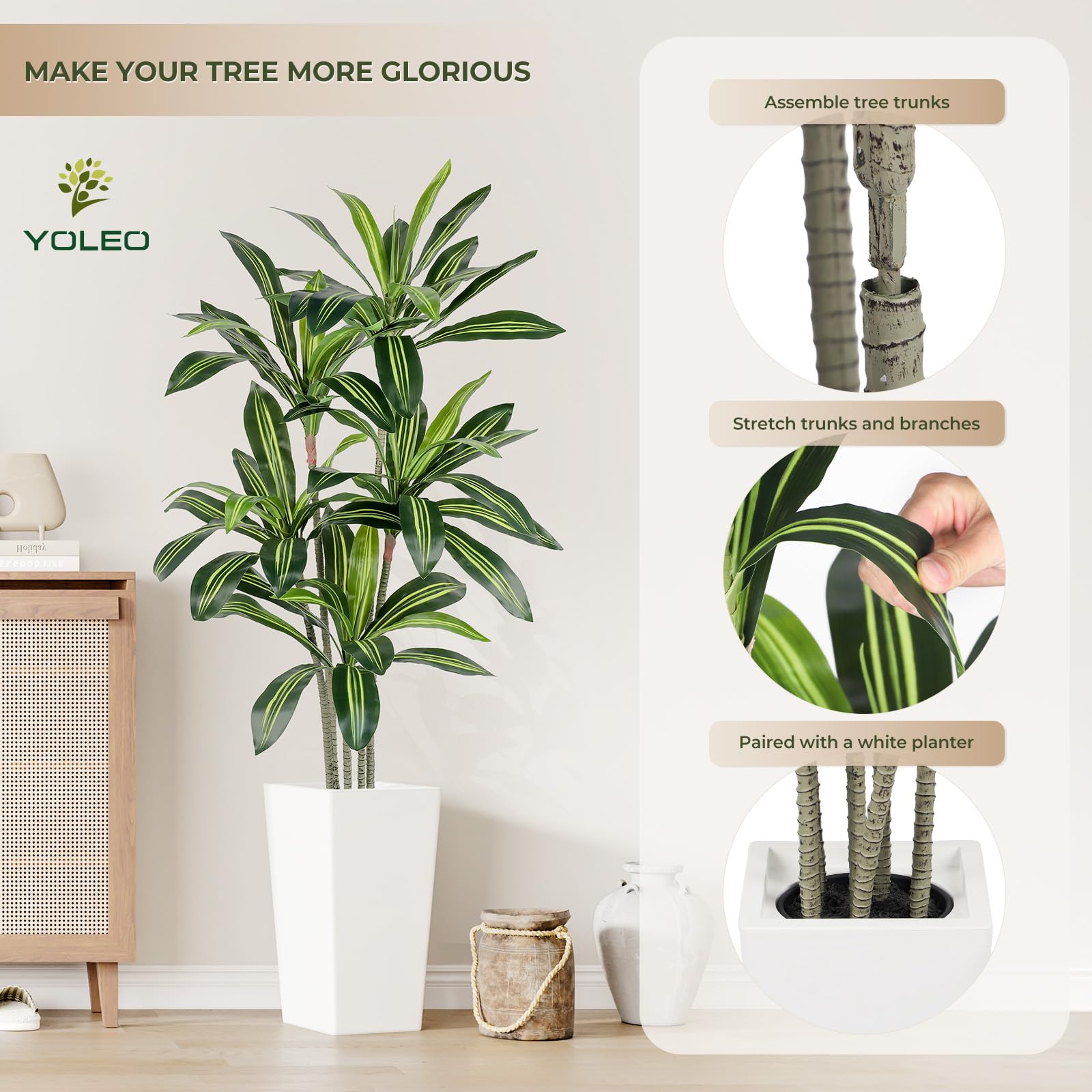 YOLEO Pianta artificiale con drago, 160 cm, con vaso bianco, piante artificiali | Per soggiorno, ufficio, giardino, decorazione per interni, regalo di inaugurazione della casa