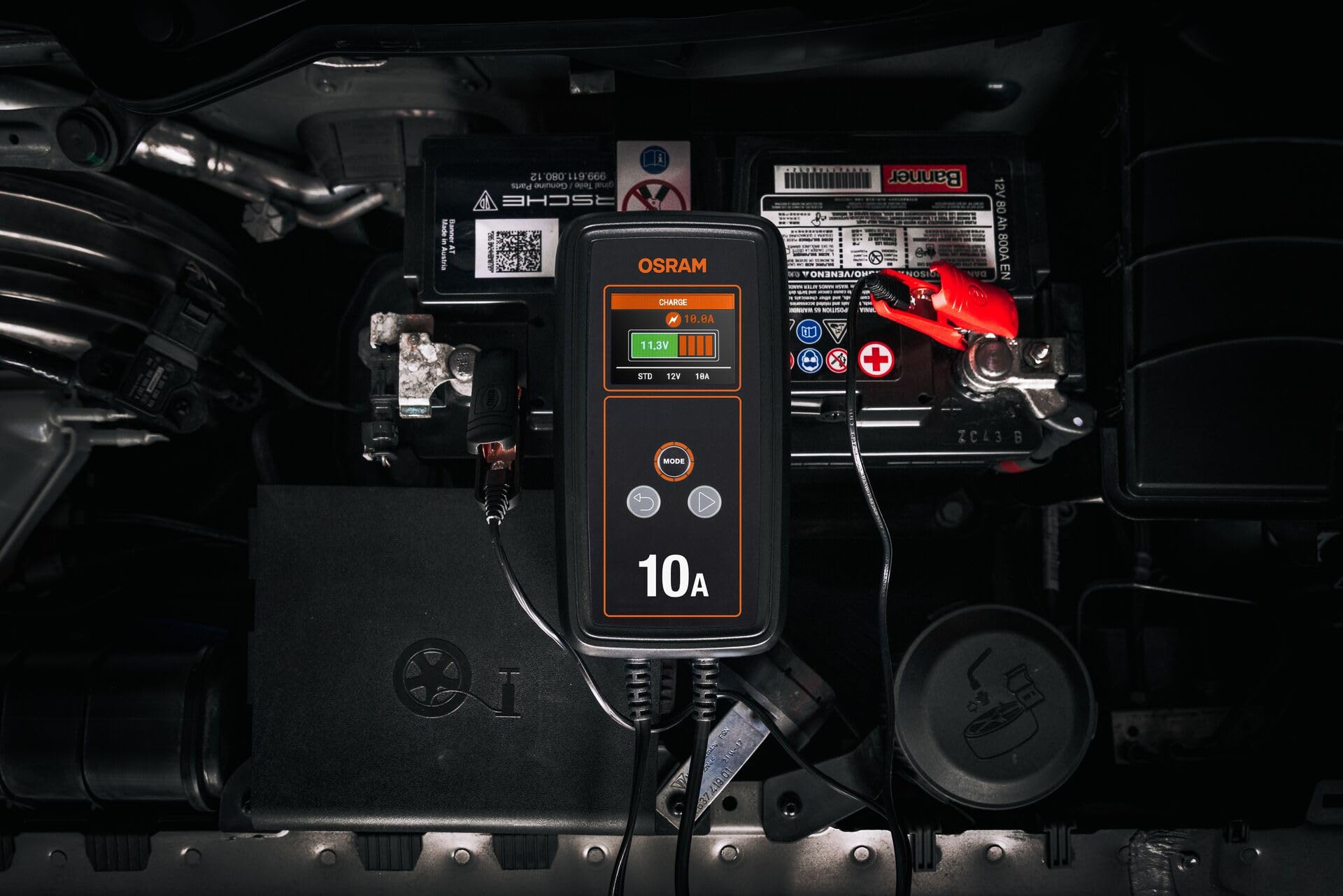 OSRAM BATTERYcharge 1010, 12V, Cargador de baterías inteligente, 10A para coches y furgonetas, compatible con baterías AGM, EFB, de plomo y litio, carga rápida, compatible con Start/Stop.