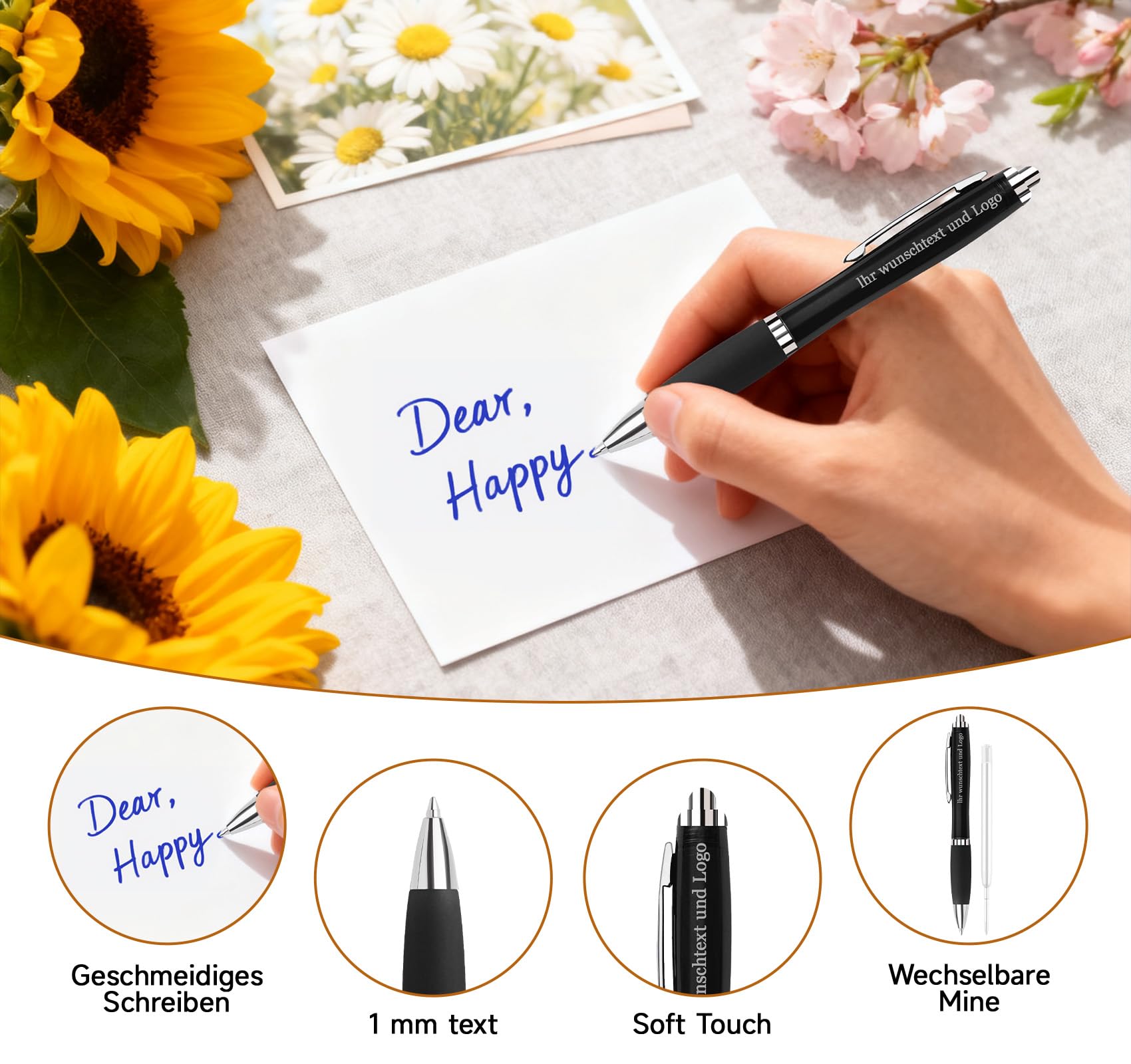 200 STK. Personalisierter Kugelschreiber mit Gravur Text Logo,Ergonomisch Druckkugelschreiber,Hochwertig Kuli für Unternehmenswerbung Messen Kongresse,Schwarzer Stift,Stil H