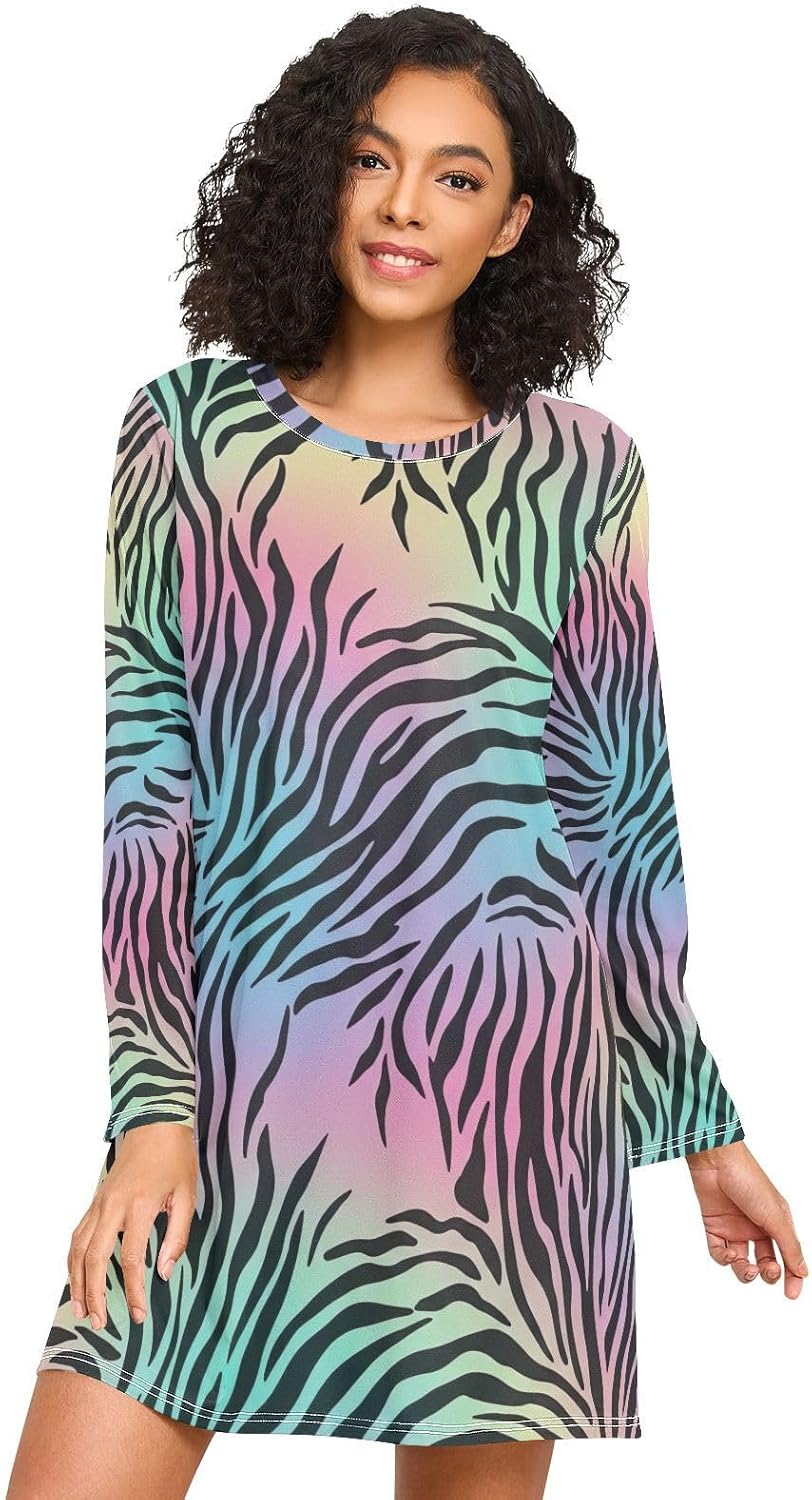 Black Zebra Pastel Gradient Womens Sleepshirt, Long Sleeve Womens Nightgown, Casual Pajama Sleep Dress for Fall