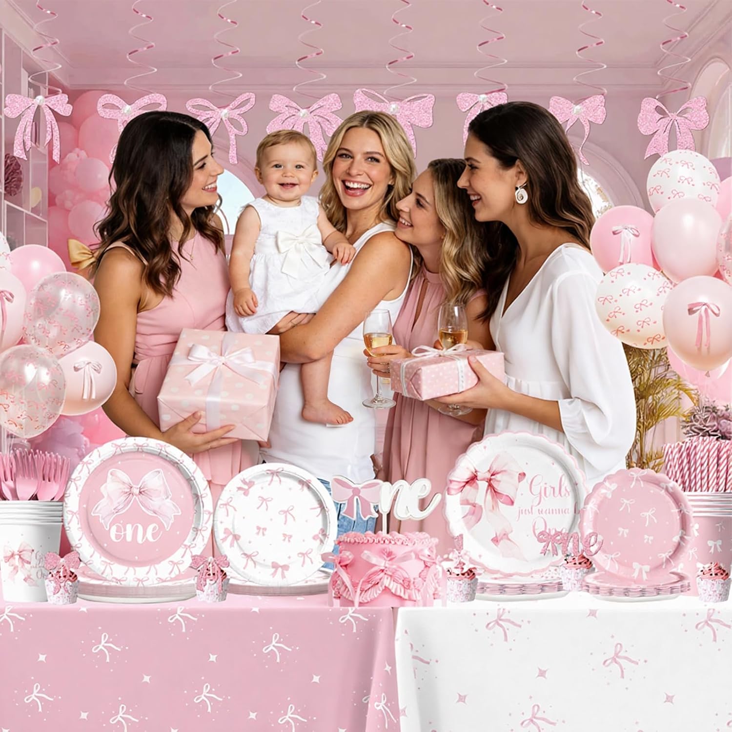 Costova Pink Bow 1st Birthday Party Decorations, First Birthday Supplies for Girl with Girls Just Wanna Be One Plates, Napkins, Tablecloth Cake Topper for Girls One Year Old Party Tableware Set