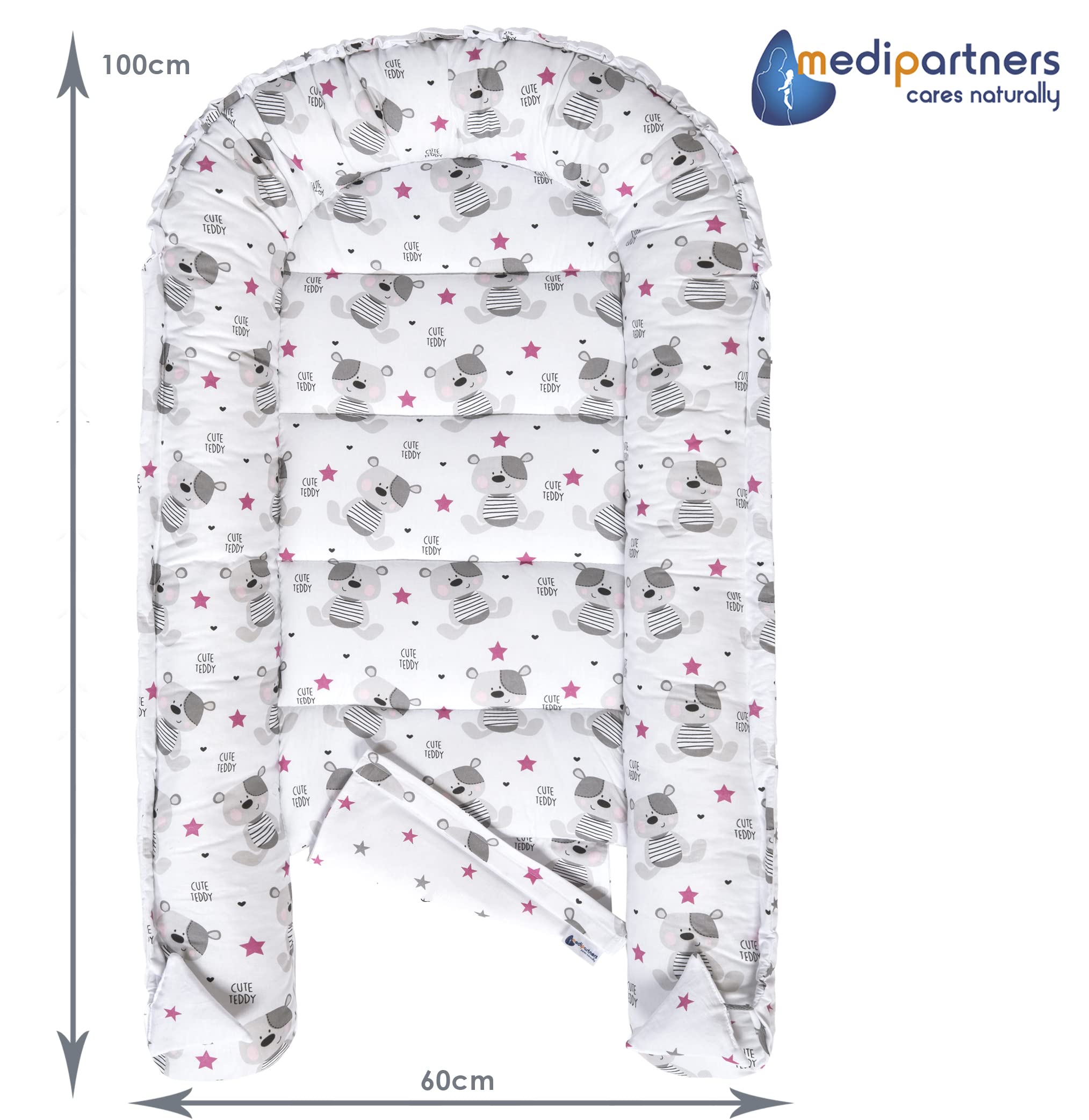 Medi Partners 5-Parti Nido per Bebè 100x60x15 Inserto Rimovibile Letto Cuscino Coperta bambini neonati 100% Cotone (Teddy con Minky rosa scuro)
