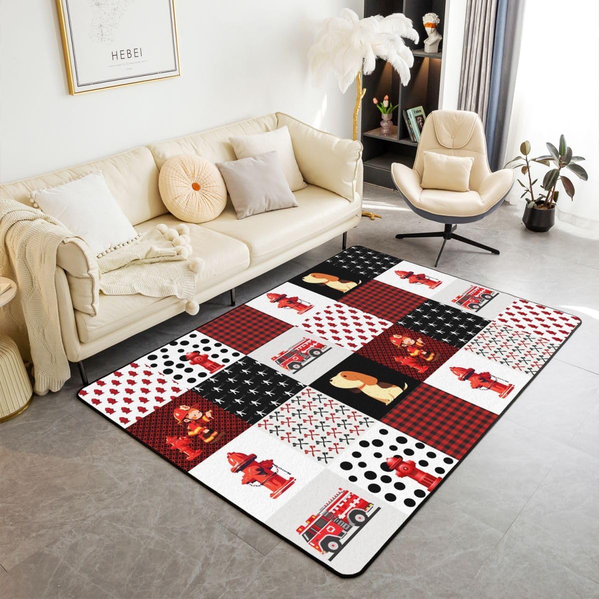 Fire Truck Decorative Carpet Red Cartoon Car Living Room Rugs for Kids Boys Girls Firefighter Indoor Floor Mat Firemen Car Vehicle Accent Rug Geometric Plaid Area Rug 5x7