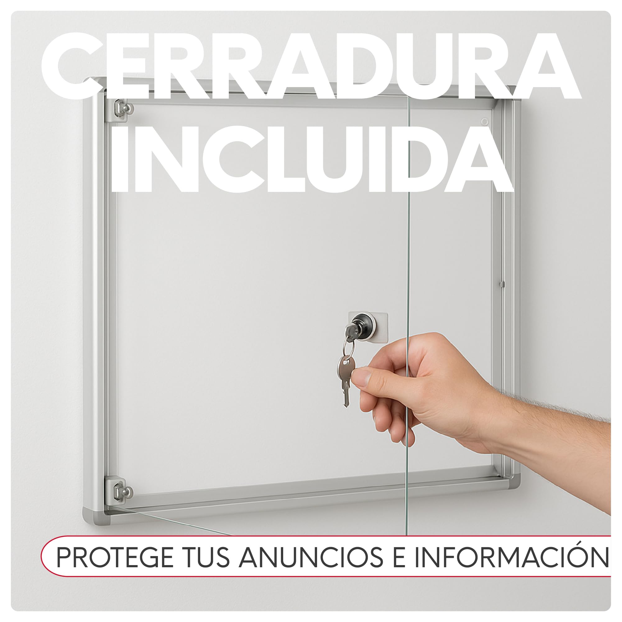 Tablon de Anuncios con Llave 46x35cm | Tablón Anuncios Exterior o Interior | Aluminio y Policarbonato Resistente | Fondo Metálico Apta para Imánes | Fácil Montaje
