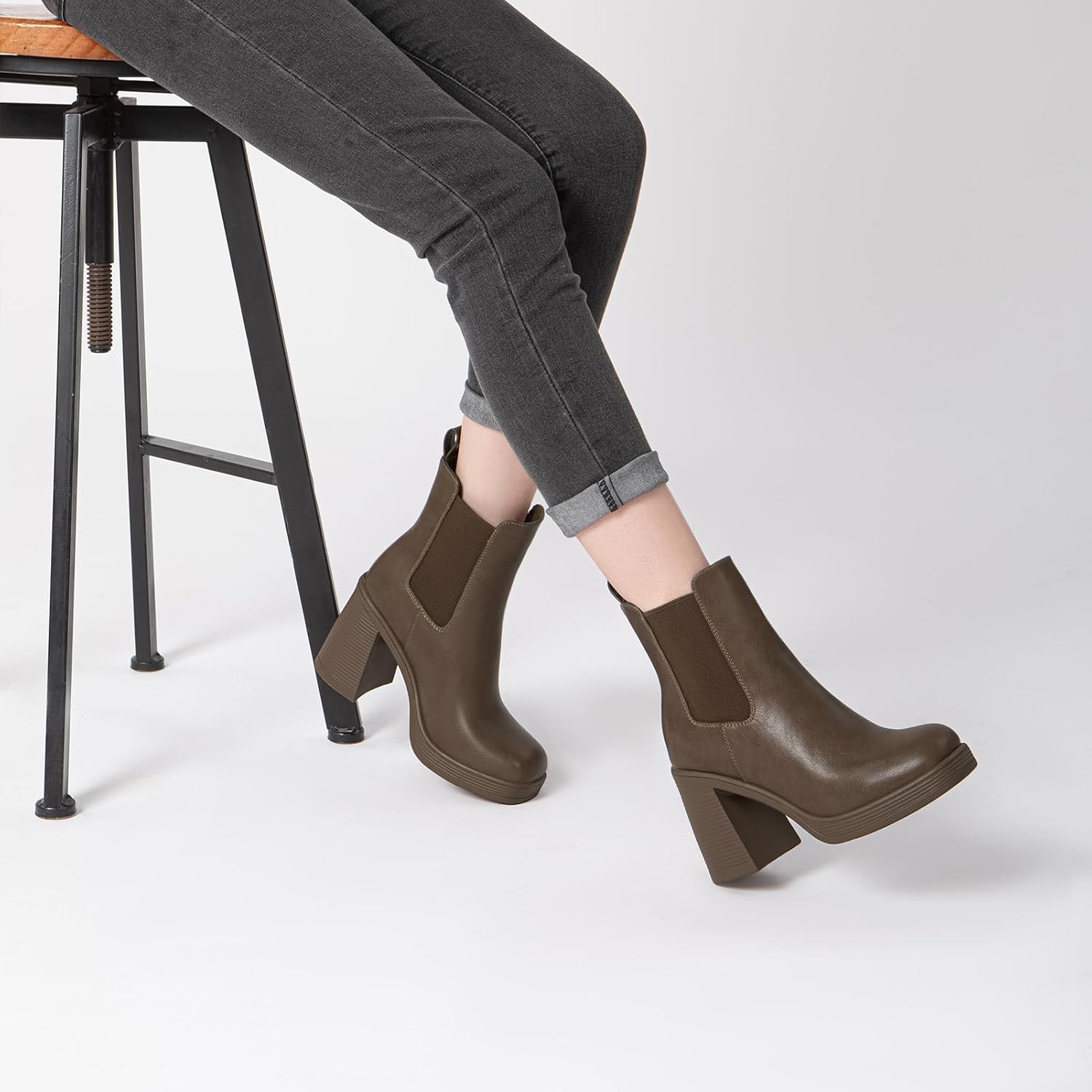 Athlefit Women's Chelsea Platform Boots High Chunky Heel Square Toe Boots Fashion Slip On Elastic Heeled Ankle Booties - Image 2