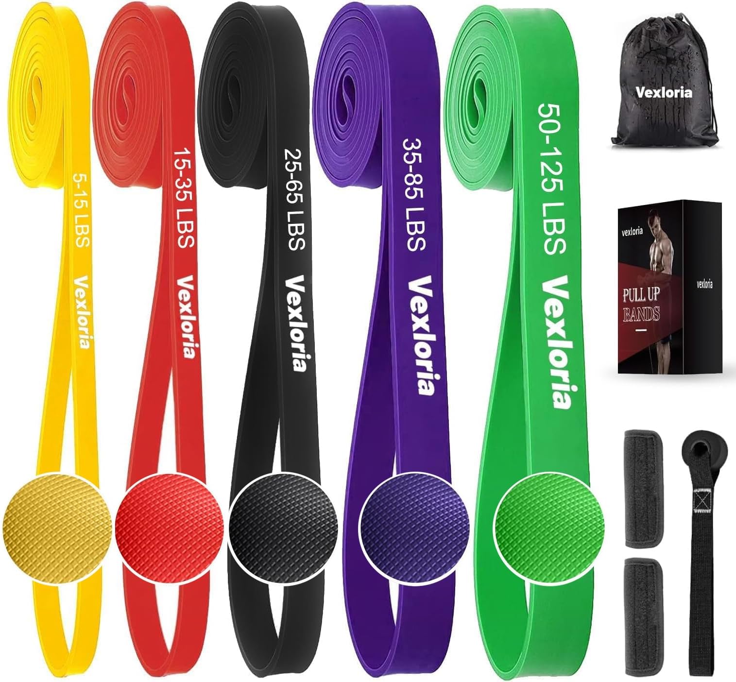 Vexloria Resistance Bands, 5 Levels Resistance Pull Up Bands Set with Door Anchor, Handles, Pull Up Assistance Bands for Calisthenics, Bodyweight Training, Muscle Toning, Yoga, Stretch Mobility FT1