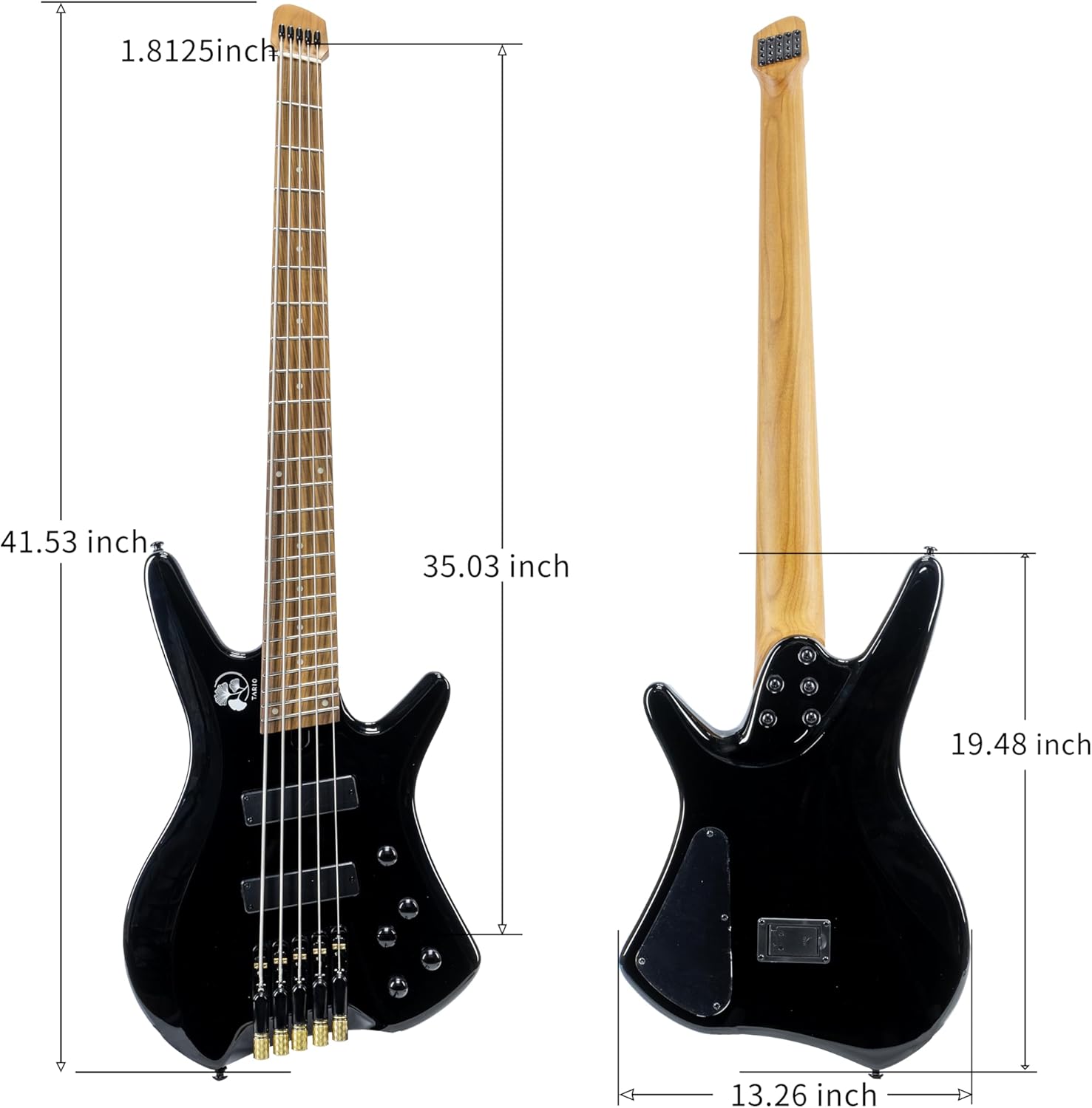 TARIO Headless 5 String Bass Guitar Multiscale Fanned Frets, Okoume Body, Roasted Maple Neck, Rosewood Fingerboard, Electric Bass Guitar