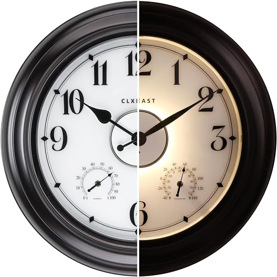CLXEAST 24 Inch LED Self-Illuminated Outdoor Metal Clocks Waterproof, Large Lighted Outdoor Clock with Temperature and Humidity,Oil Rubbed Bronze Black,Spring Garden Decor